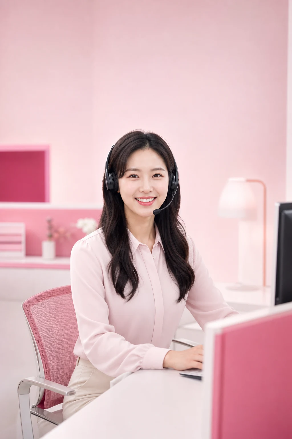 신용카드한도현금화 다음머니 24시간 전화 문자 상담을 안내하는 헤드셋 여성 상담원 인물